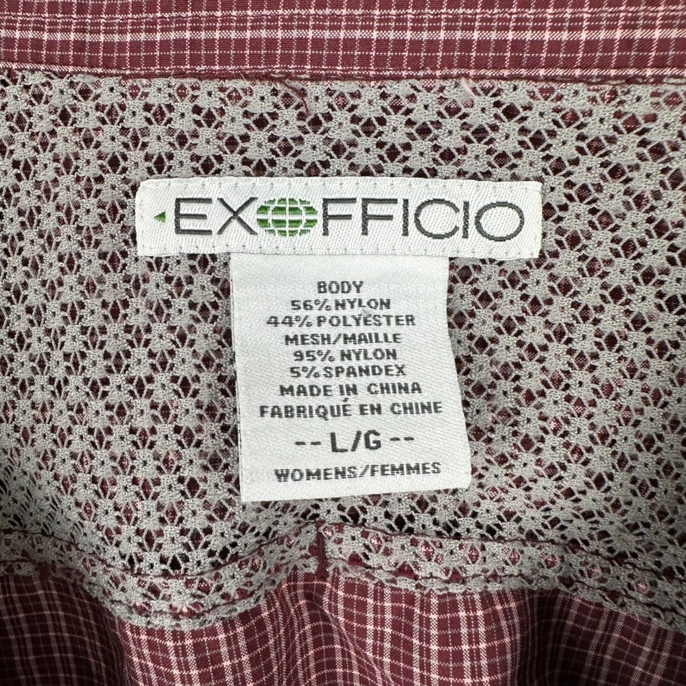 ExOfficio Shirt Womens L Maroon Plaid Button Down Hiking Shirt Roll Tab Sleeve - Picture 5 of 12